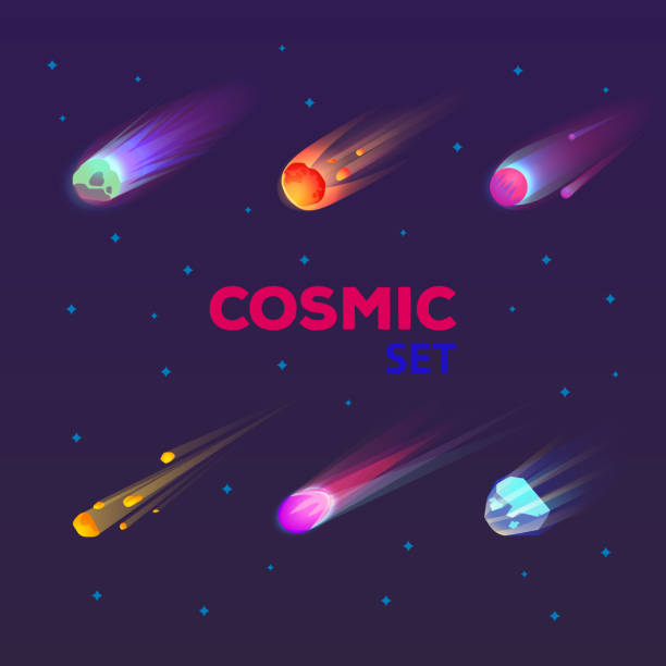 illustrazioni stock, clip art, cartoni animati e icone di tendenza di set di cometa cadente isolata o stella in fiamme - fireball exploding comet fire