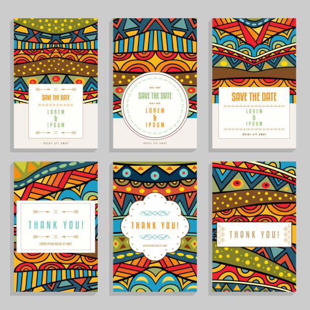 Six bright cards with ethnic ornaments. Collection of romantic wedding and thank you cards with boho patterns. Invitations layouts for greeting or save the date. Vector illustration. african pattern stock illustrations