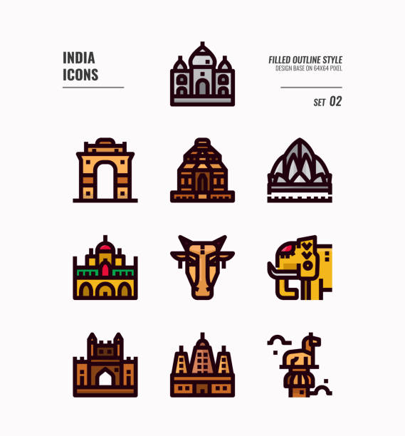 ilustrações, clipart, desenhos animados e ícones de o ícone de india ajustou 2. inclua o marco de india, o edifício, o animal e o mais. projeto enchido dos ícones do esboço. ilustração do vetor - vertical gateway to india famous place travel destinations