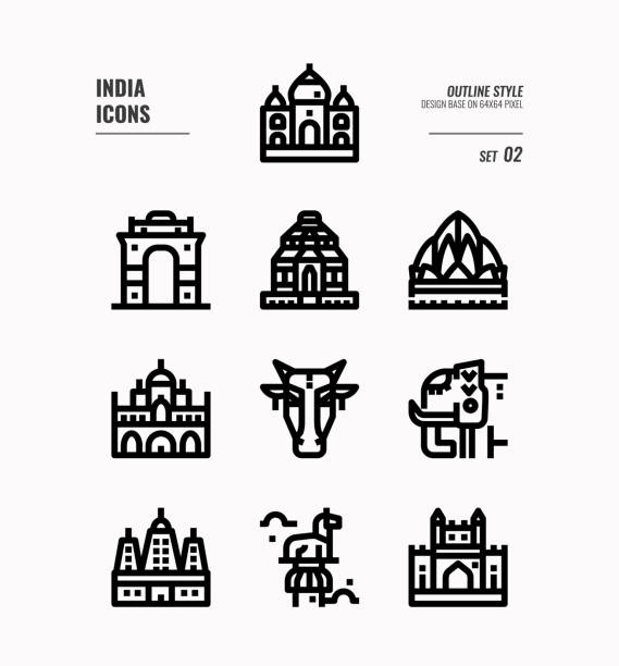 ilustraciones, imágenes clip art, dibujos animados e iconos de stock de conjunto de iconos de la india. incluya monumentos, edificios, animales y más de la india. iconos de esquema diseño. ilustración vectorial - india gate gateway to india mumbai