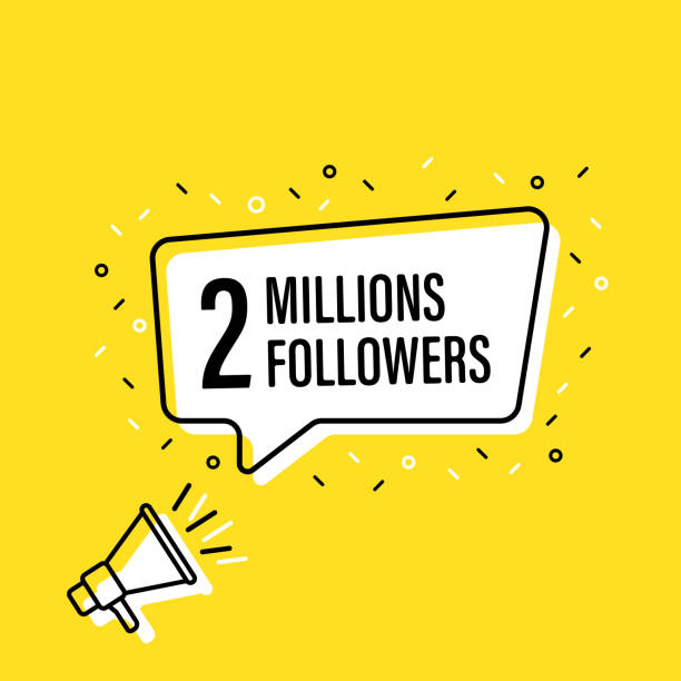 istock Male hand holding megaphone with 2 millions followers speech bubble. Loudspeaker. Banner for business, marketing and advertising. Vector illustration. 1175023540