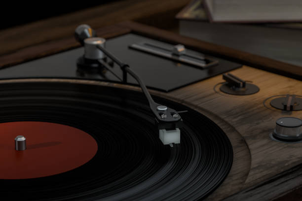 istock The old wooden vinyl record player on the table, 3d rendering. 1175024381