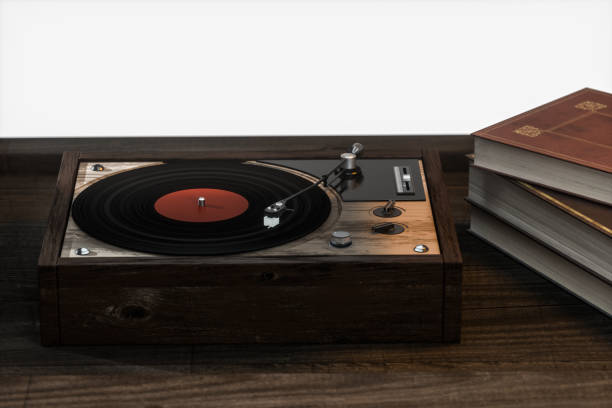 istock The old wooden vinyl record player on the table, 3d rendering. 1175024683