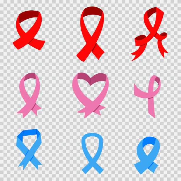 aids, symbole świadomości raka piersi i prostaty. niebieska, różowa i czerwona wstążka. ikony wektorowe ustawiają się izolowane na przezroczystym tle. - pink ribbon alertness breast cancer awareness stock illustrations