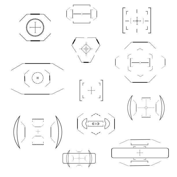 illustrations, cliparts, dessins animés et icônes de objectif optique futuriste. vue de collimateur militaire, cibles d'arme à feu cible l'indication de portée de focalisation. sniper arme cible hud visant la précision moderne réfrons les icônes futures de technologie de technologie de radar d'arme - gun rounds