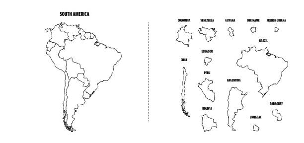 ilustraciones, imágenes clip art, dibujos animados e iconos de stock de américa del sur esquema mapa con cada país aislado. - américa del sur