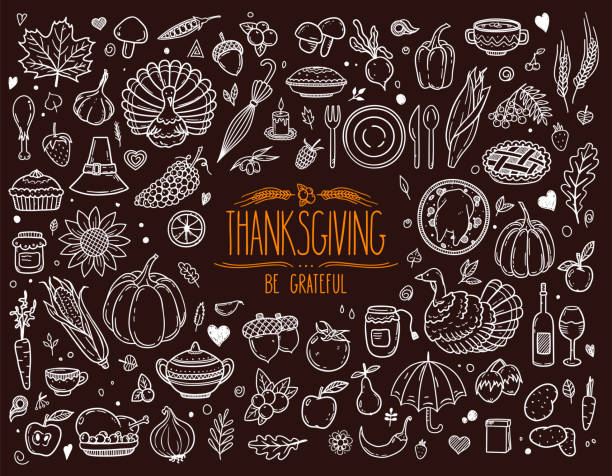 ilustraciones, imágenes clip art, dibujos animados e iconos de stock de símbolos festivos tradicionales de acción de gracias: calabaza, pavo, pastel y otros. - thanksgiving fruit cornucopia vegetable