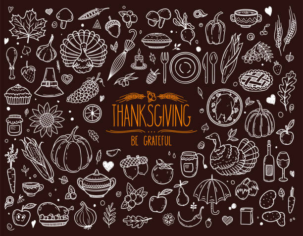 Thanksgiving traditional holiday symbols: pumpkin, turkey, pie and other. Thanksgiving traditional holiday symbols: pumpkin, turkey, pie, corn and other. Vector hand drawn set for postcard, banner, greeting card, poster. thanksgiving dinner stock illustrations