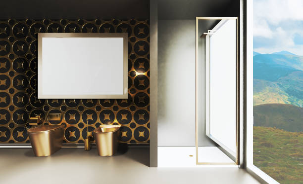 3d レンダリング。壁に暗い色と金色のタイルの大きなバスルーム。大きなパノラマの窓。金色のトイレとビデ。ロフトスタイルのシャワー。空の絵画 - loft apartment bathroom mosaic tile ストックフォトと画像