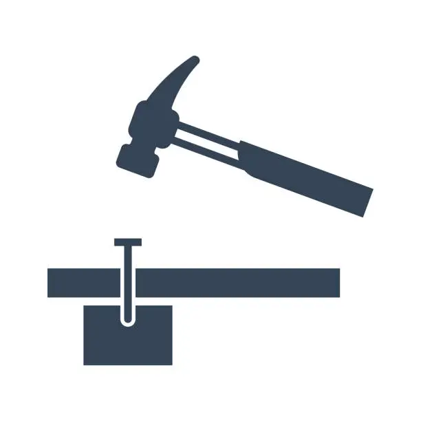 Vector illustration of black icon hammer hitting a nail