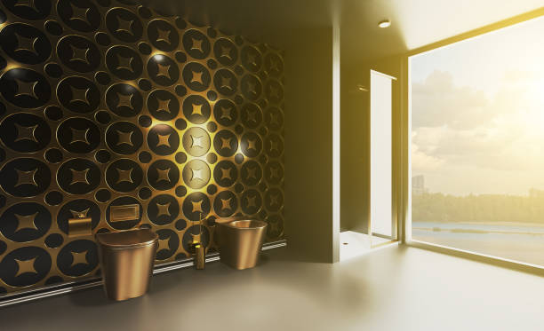 3d визуализация. большая ванная комната в темных тонах и золотые плитки на стенах. большое панорамное окно. золотой туалет и биде. лофт стиль  - loft apartment bathroom mosaic tile стоковые фото и изображения