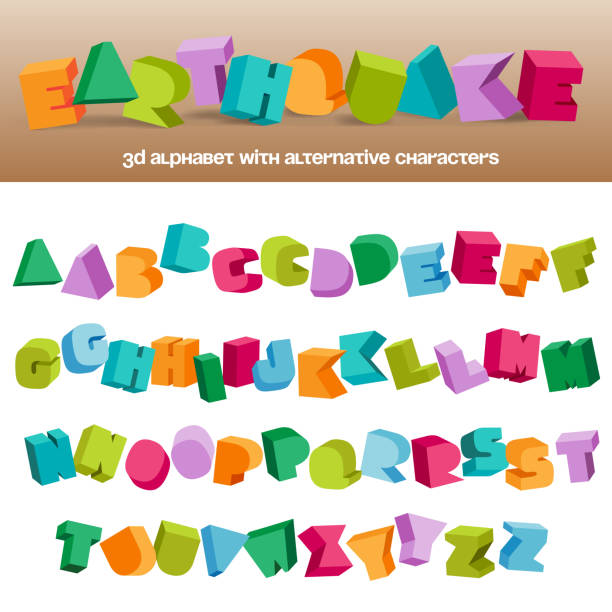 ilustrações de stock, clip art, desenhos animados e ícones de earthquake font in fun different colors. - people group of objects three dimensional shape abstract