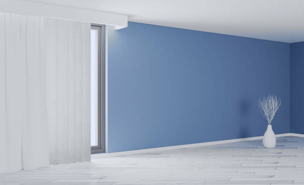 istock empty interior with blue walls and large window. decorative vase with white branches. light parquet made of natural wood.. 3D rendering. 1175029071