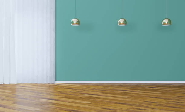 istock empty interior with birch walls and a large window. decorative vase with white branches. beige parquet made of natural wood.. 3D rendering. 1175029082