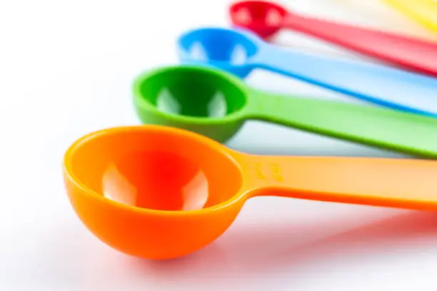 Photo of a set of measuring spoon of plastic on white background.