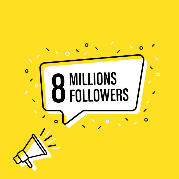 istock Male hand holding megaphone with 8 millions followers speech bubble. Loudspeaker. Banner for business, marketing and advertising. Vector illustration. 1175030244
