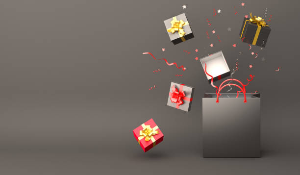 istock Black shopping bag, gift box, confetti in the studio lighting, copy space text, Design creative concept for black friday sale event. 1175030493