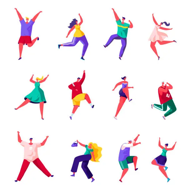 Vector illustration of Set of flat people are jumping happiness characters. Bundle cartoon people