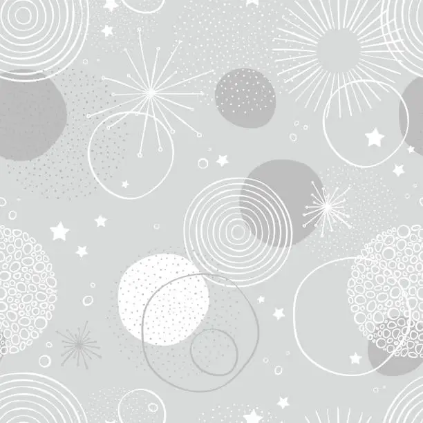 Vector illustration of Fun and elegant New Years firework seamless pattern - hand drawn abstract doodles circles - great for New Years prints, invitations, textiles, wallpapers, banners - vector surface design