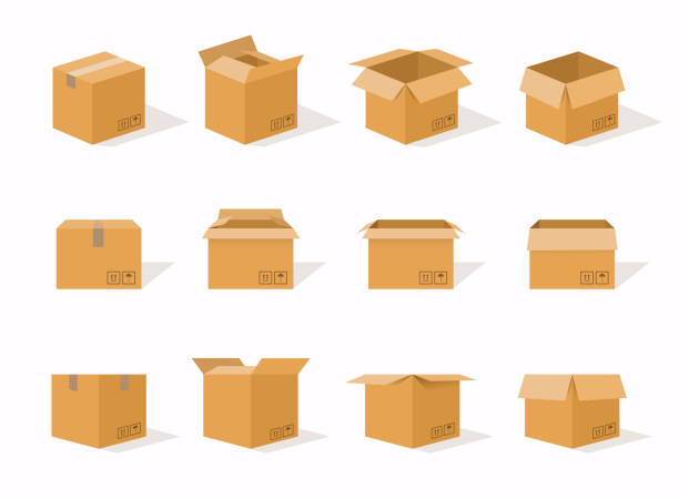 stockillustraties, clipart, cartoons en iconen met kartonnen levering verpakking open en gesloten doos met breekbare borden. kartonnen doos mockup set. - package