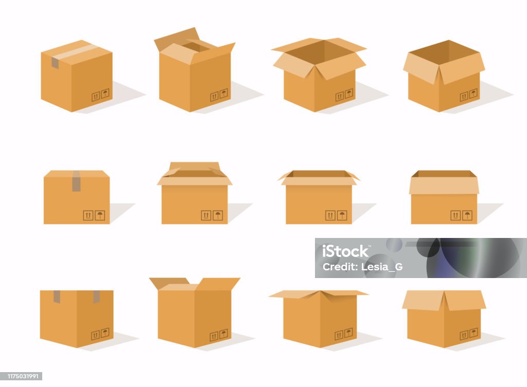 Carton delivery packaging open and closed box with fragile signs. Cardboard box mockup set. Box - Container stock vector