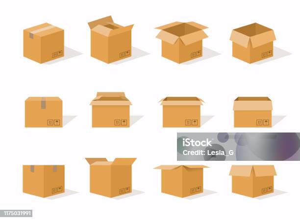 Carton Delivery Packaging Open And Closed Box With Fragile Signs Cardboard Box Mockup Set Stock Illustration - Download Image Now