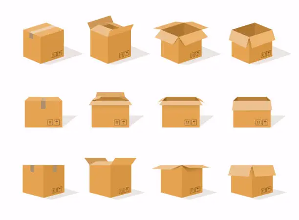 Vector illustration of Carton delivery packaging open and closed box with fragile signs. Cardboard box mockup set.