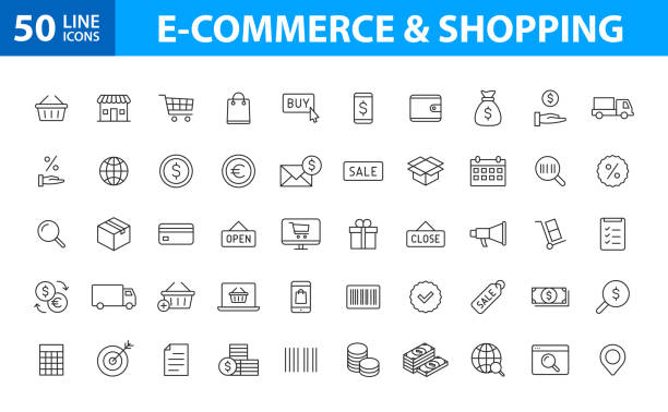Set of 50 E-commerce and shopping web icons in line style. Mobile Shop, Digital marketing, Bank Card, Gifts. Vector illustration. Set of 50 E-commerce and shopping web icons in line style. Mobile Shop, Digital marketing, Bank Card, Gifts. Vector illustration e commerce stock illustrations
