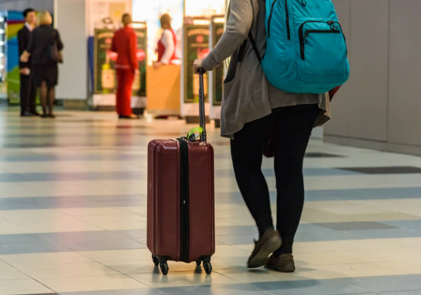 Moscow. Domodedovo. 24 February 2019. People with a suitcase go on an airplane flight at Domodedovo Airport