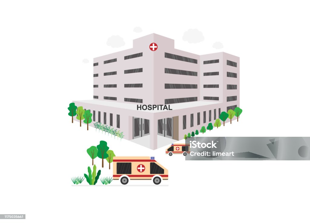 The building of the hospital and ambulances. The building of the hospital and ambulances, laboratory, medical office. Concept of medical insurance of hospital facilities and services. Flat vector stock illustration on white background. Hospital stock vector