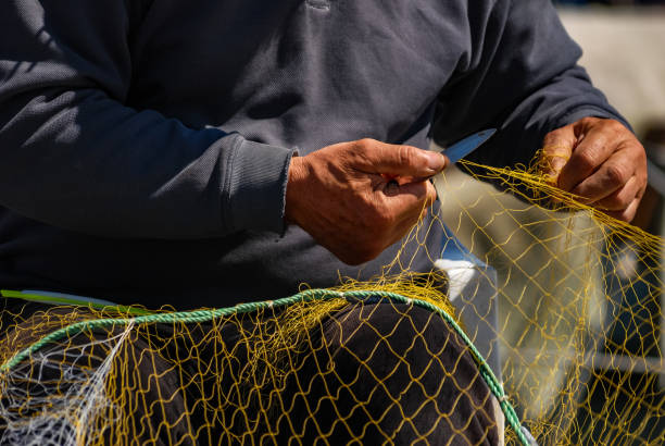 zbliżenie szczegółów dłoni rybaka, naprawianie sieci rybackiej. - fishermen harbor zdjęcia i obrazy z banku zdjęć