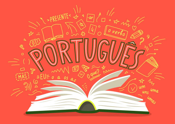 포르투갈어.  언어 손으로 그린 낙서와 오픈 책. - 포르투갈어 일러스트 stock illustrations