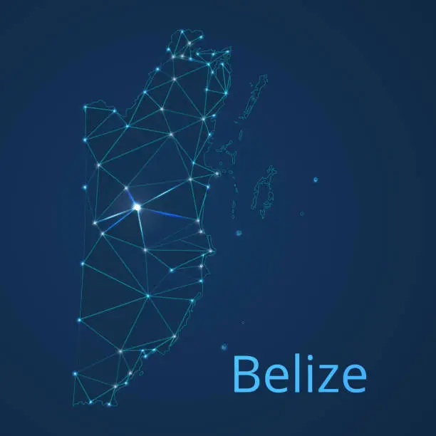 Vector illustration of Belize communication network map. Vector low poly image of a global map with lights in the form of cities in or population density consisting of points and shapes in the form of stars and space.