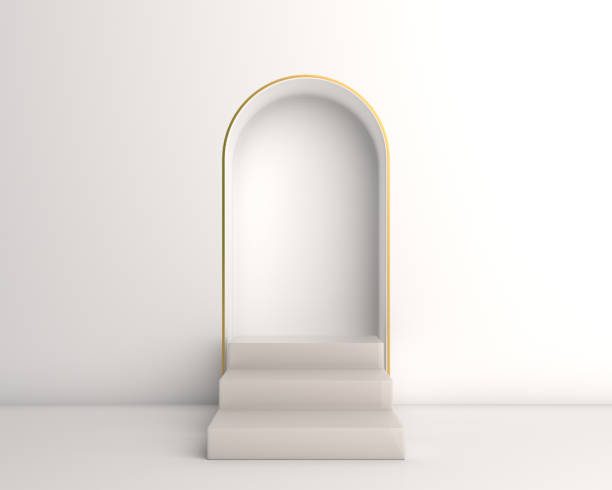 istock White and gold podium steps pedestal and window on studio lighting minimal background. Design creative concept product display mock up 1175038571