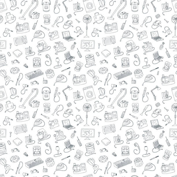 illustrazioni stock, clip art, cartoni animati e icone di tendenza di gli elettrodomestici doodle stile disegnato a mano modello senza cuciture. - electronics industry illustrations