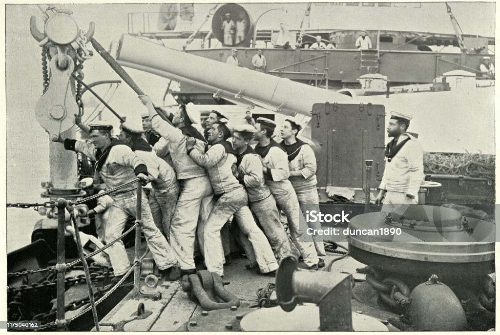 Crews pulling up anchor on HMS Majestic, Battleship Vintage photograph, Crews pulling up anchor on HMS Majestic, Battleship, 19th Century Archival Stock Photo