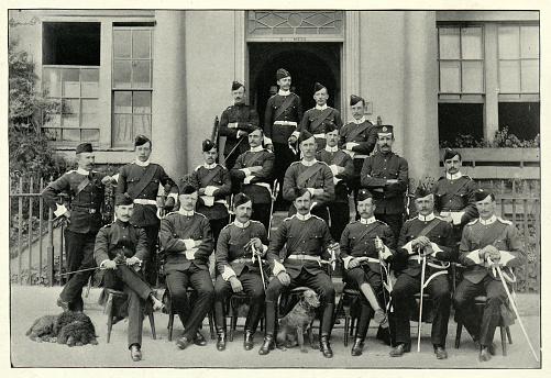 Vintage photograph, Coloenl Kinder and officers of the 2nd Battalion Deveonshire Regiment, British army 19th Century