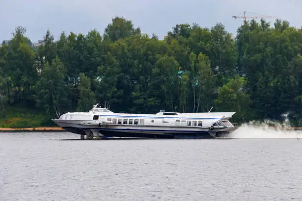 Hydrofoil boat sailing on the Volga river in Yaroslavl, Russia