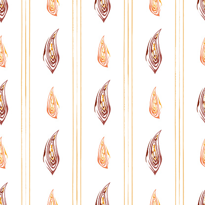Vector burgundy and orange leaves and stripes in painterly brushstroke style design. Seamless geometric pattern on cream white background. Great for fall, autumn themed products, packaging stationery