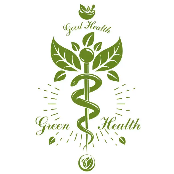 Vector illustration of Caduceus vector conceptual emblem created with mortar and pestle. Wellness and harmony metaphor. Alternative medicine concept, phytotherapy.