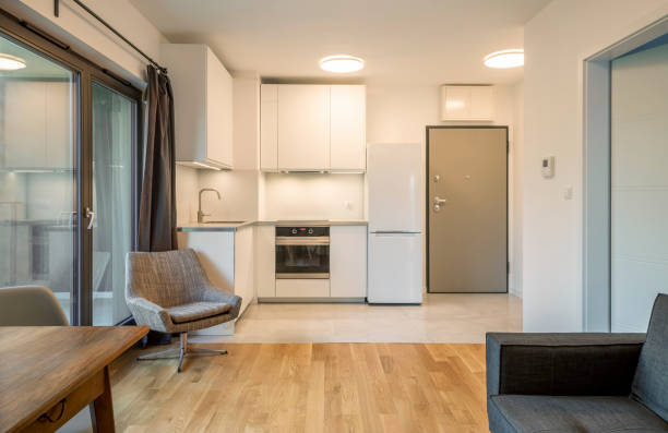 interior de um micro apartamento moderno com sala de visitas e kitchenette - design studio - fotografias e filmes do acervo