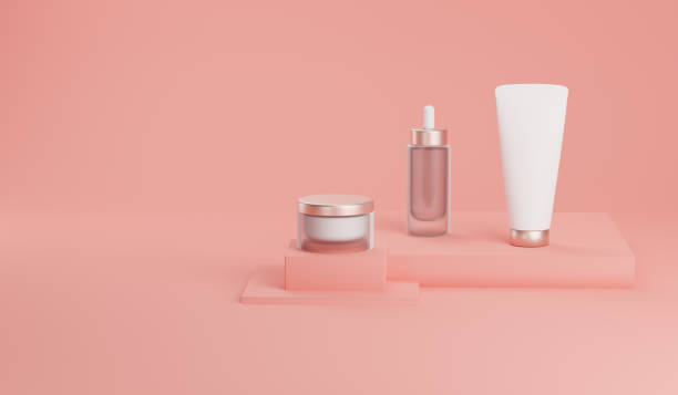 3d rendering mockup cosmetic bundle for skin care. 3d rendering mockup cosmetic bundle for skin care. White plastic bottles and tubes pink caps on bright pink backdrop. Branding identity template vinegar stock pictures, royalty-free photos & images