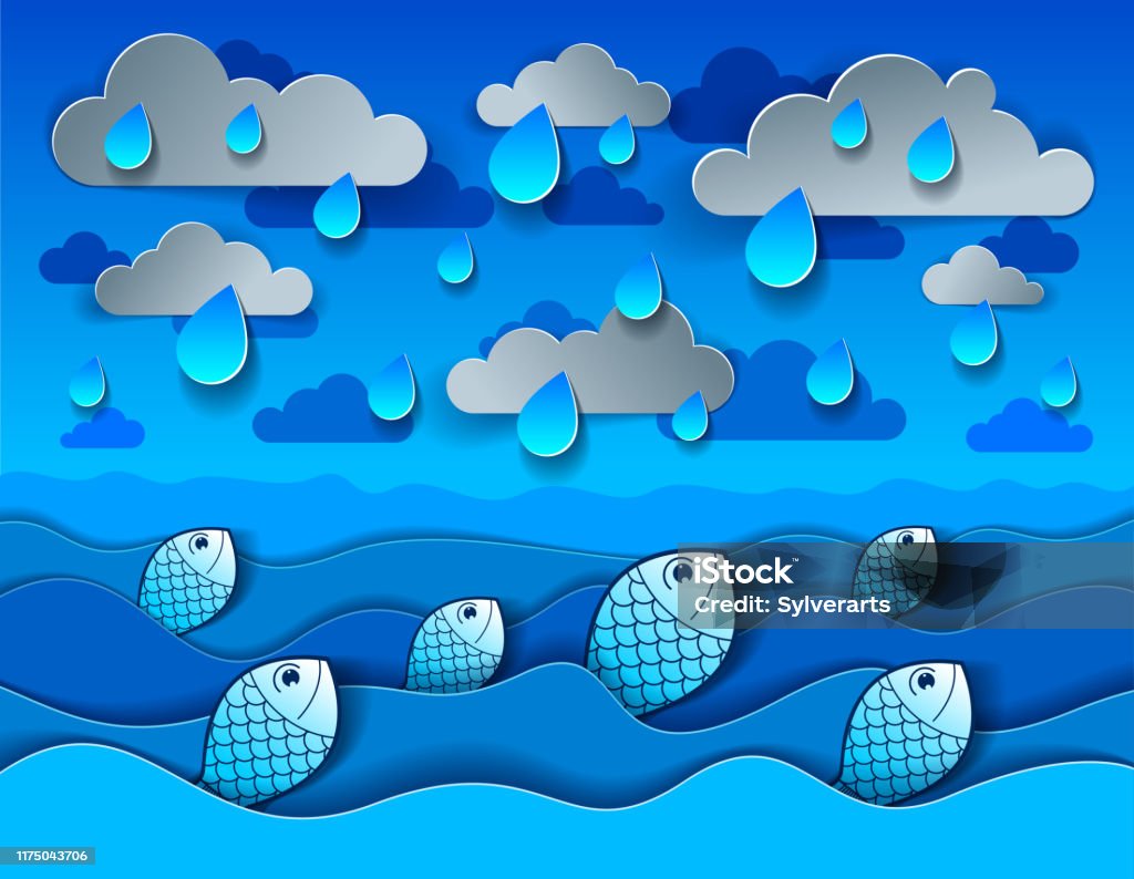 Ilustración de Lluvia Sobre El Mar Y Divertidos Peces De Dibujos Animados Con Olas Curvas Clima Lluvioso Ilustración Vectorial Moderna Perfecta En Papel Cortado Estilo 3d y más Vectores Libres de Derechos Ilustración de Lluvia Sobre El Mar Y Divertidos Peces De Dibujos Animados Con Olas Curvas Clima Lluvioso Ilustración Vectorial Moderna Perfecta En Papel Cortado Estilo 3d y más Vectores Libres de Derechos