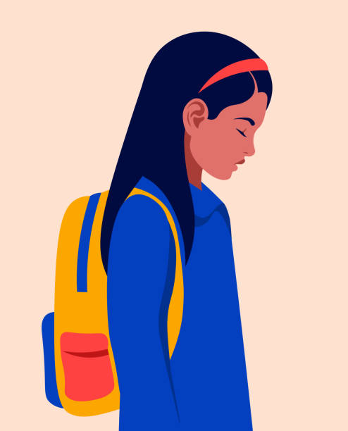 illustrations, cliparts, dessins animés et icônes de profil d'une écolière triste avec un sac à dos. enfant fatigué. - schoolgirl