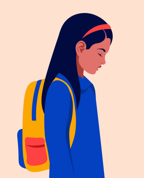 Profile of a sad schoolgirl with a backpack. Tired child. Profile of a sad schoolgirl with a backpack. Tired child after lessons. Vector flat illustration backpack illustrations stock illustrations