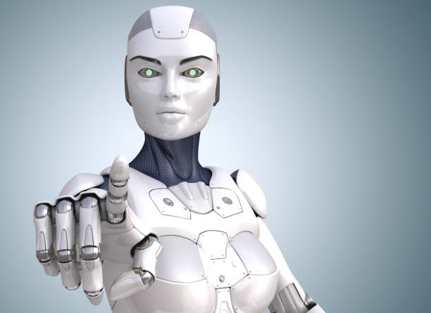 istock The robot points a finger at the viewer. 1175044820