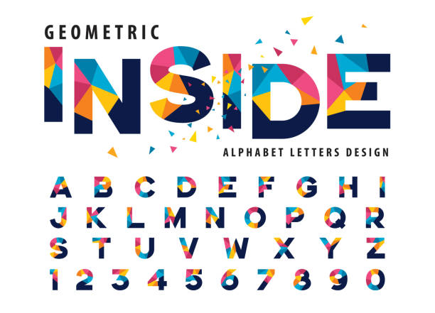 기하학적 알파벳 문자와 숫자의 벡터, 현대 다채로운 삼각형 문자 - 헤딩 일러스트 stock illustrations
