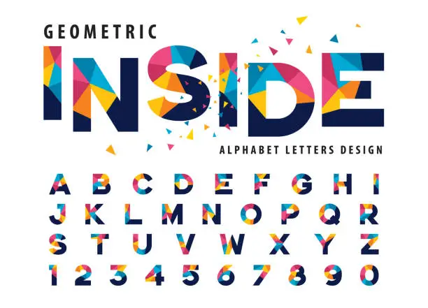 Vector illustration of Vector of Geometric Alphabet Letters and numbers, Modern Colorful Triangle Letter