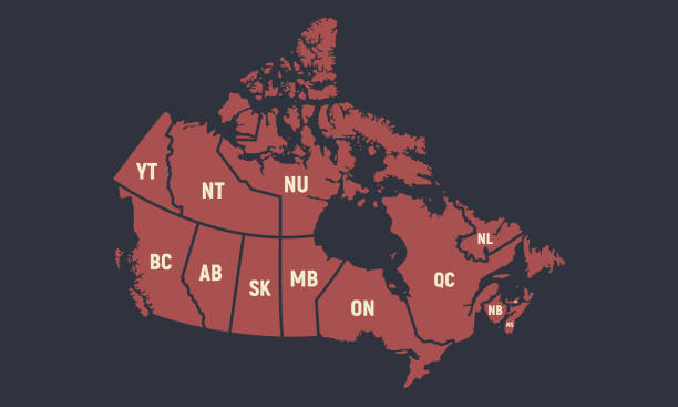 ilustraciones, imágenes clip art, dibujos animados e iconos de stock de mapa de carteles de canadá con nombres cortos de provincias. fondo canadiense vintage. ilustración vectorial - manitoba map canada outline
