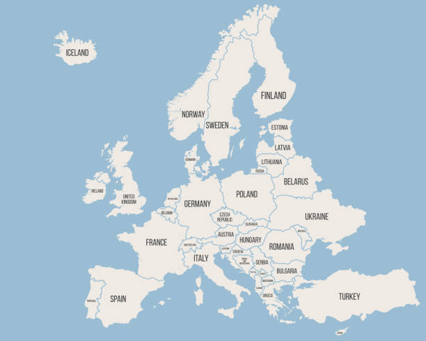 illustrations, cliparts, dessins animés et icônes de carte d'europe d'isolement sur le fond bleu. fond de l'europe. illustration de vecteur - netherlands map cartography silhouette